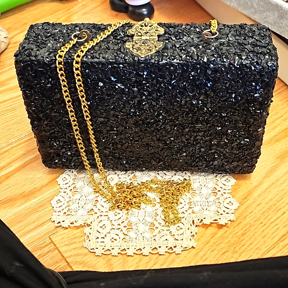 Ramla Black Sequence Clutch/ Shoulder Bag